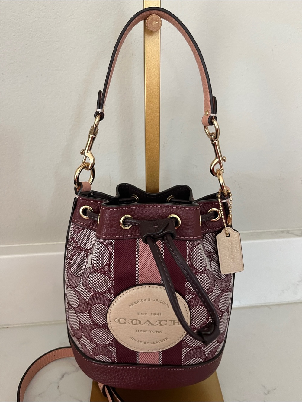 NWOT Coach Mini Dempsey Burgundy Signature Drawstring Bucket Bag - Picture 3 of 12